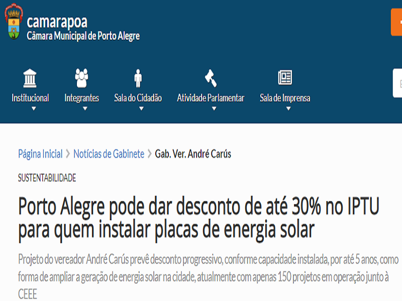 Projeto de Lei de estímulo à energia solar em Porto Alegre